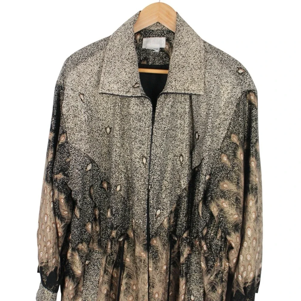 Vintage D'Lino Peacock Feather Print Zip Front Jacket Womens‎ One Size
